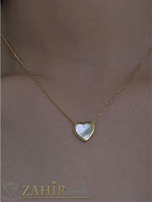 Дамски бижута - Романтично бяло седефено сърце 1,5 см на тънка класическа верижка 45 см или 50 см, позлатена стомана - K2125